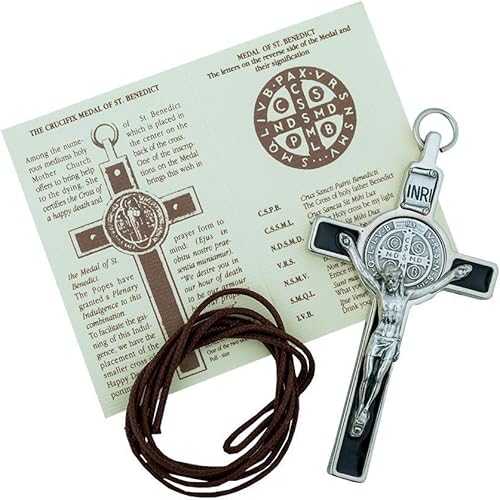 Miniatura 7 de Crucifijo de San Benito con incrustación redonda de medalla de San Benito Cruz esmaltada plateada de 3 pulgadas y negro con cordón y folleto San
