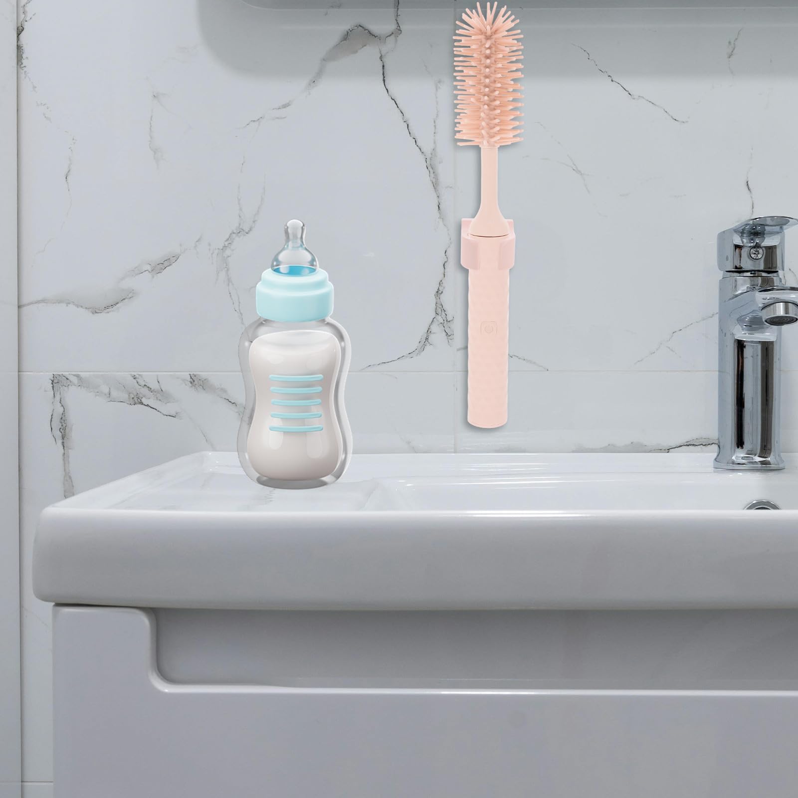 Abaodam Cepillo Eléctrico Portátil de Silicona para Limpieza de Biberones y Botellas, Seguro, Color Rosa, Mango Largo Adecuado para Uso en Casa y Viaje
