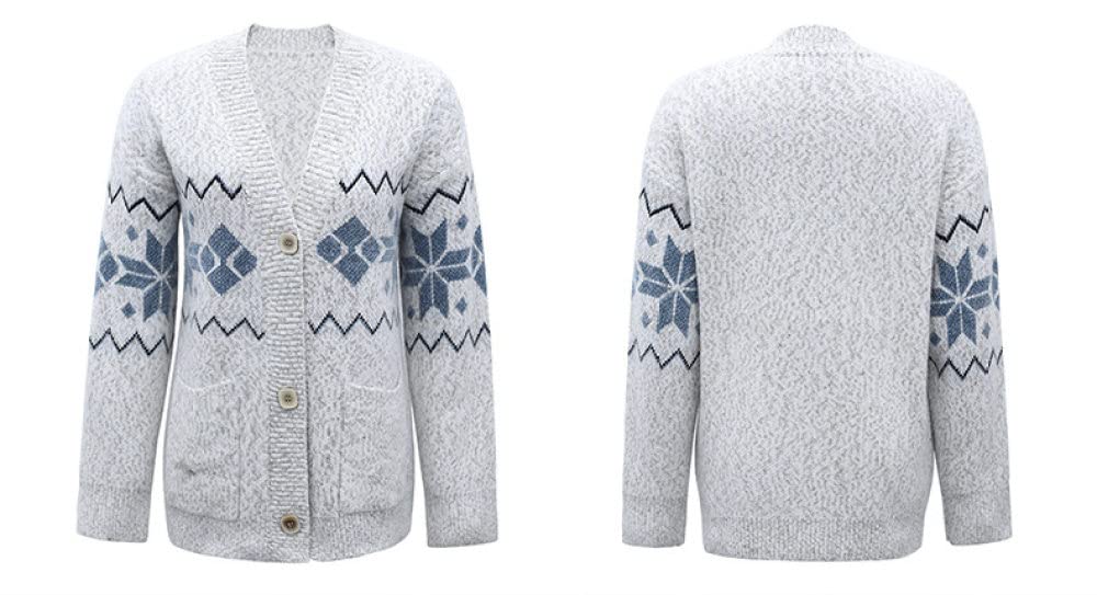 Cardigan Femme, Cardigan Femme Vintage Gris Clair Col En V Flocon De Neige Ondulation Jacquard Avec Poche Manteau En Tricot De Noël Doux Chaud Automne Hiver Veste En Tricot À Manches Longues Bouto