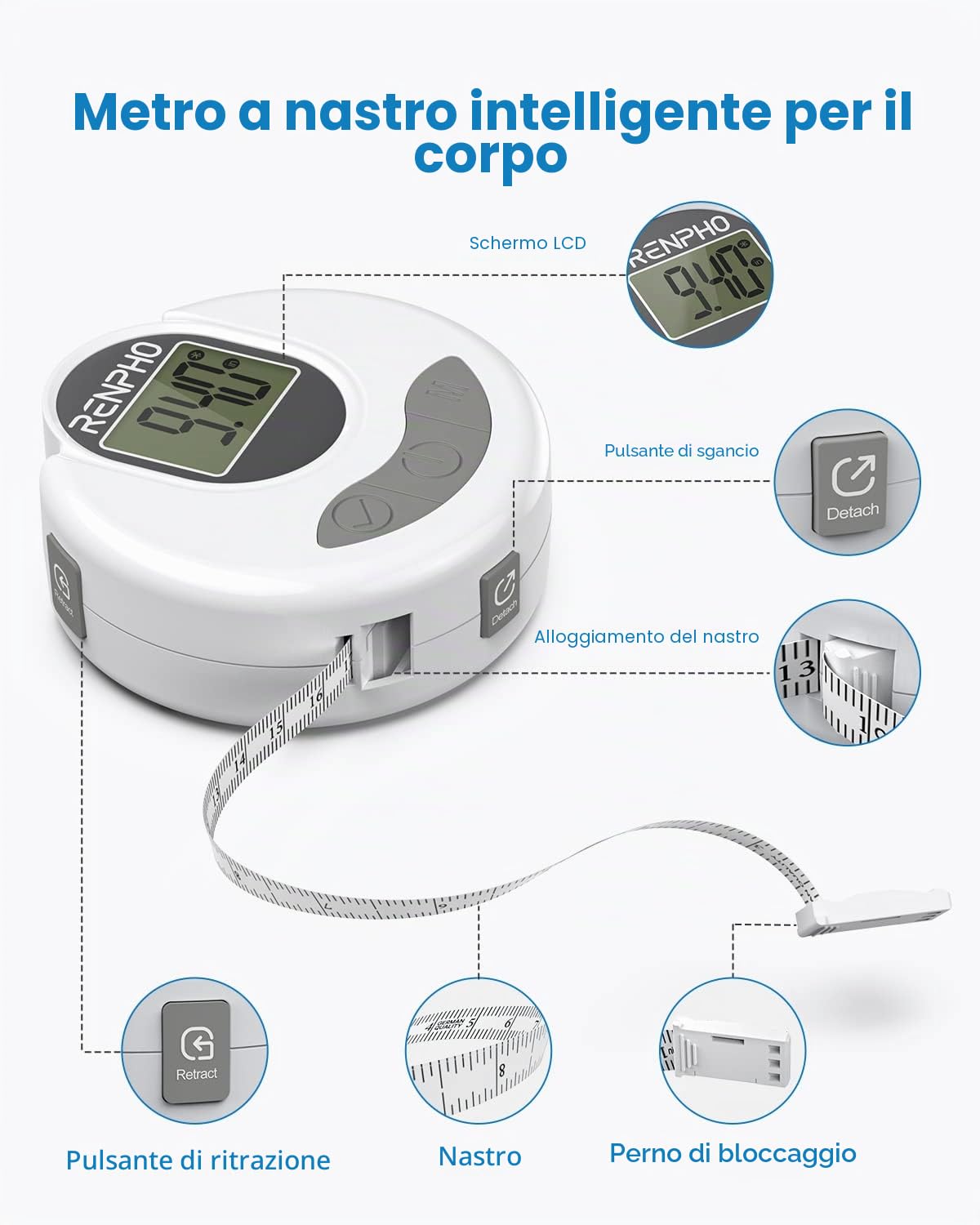 RENPHO Metro Sarta Smart a Nastro Digitale, Misurazione Bluetooth, Perdita di Peso, Aumento Muscolare, Retrattile, Misura Delle Circonferenze Del Corpo