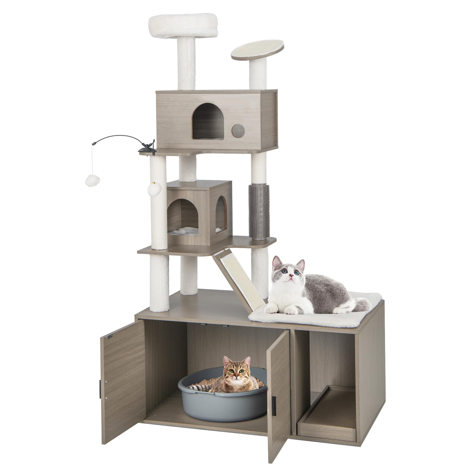 COSTWAY Albero per Gatti con Mobile per Lettiera, Torre per Gatti Moderna 2-in-1 con Doppie Cucce, Piattaforma Superiore, Pali in Sisal, Tiragraffi, Rampino, Piattaforma e Palline, Grigio