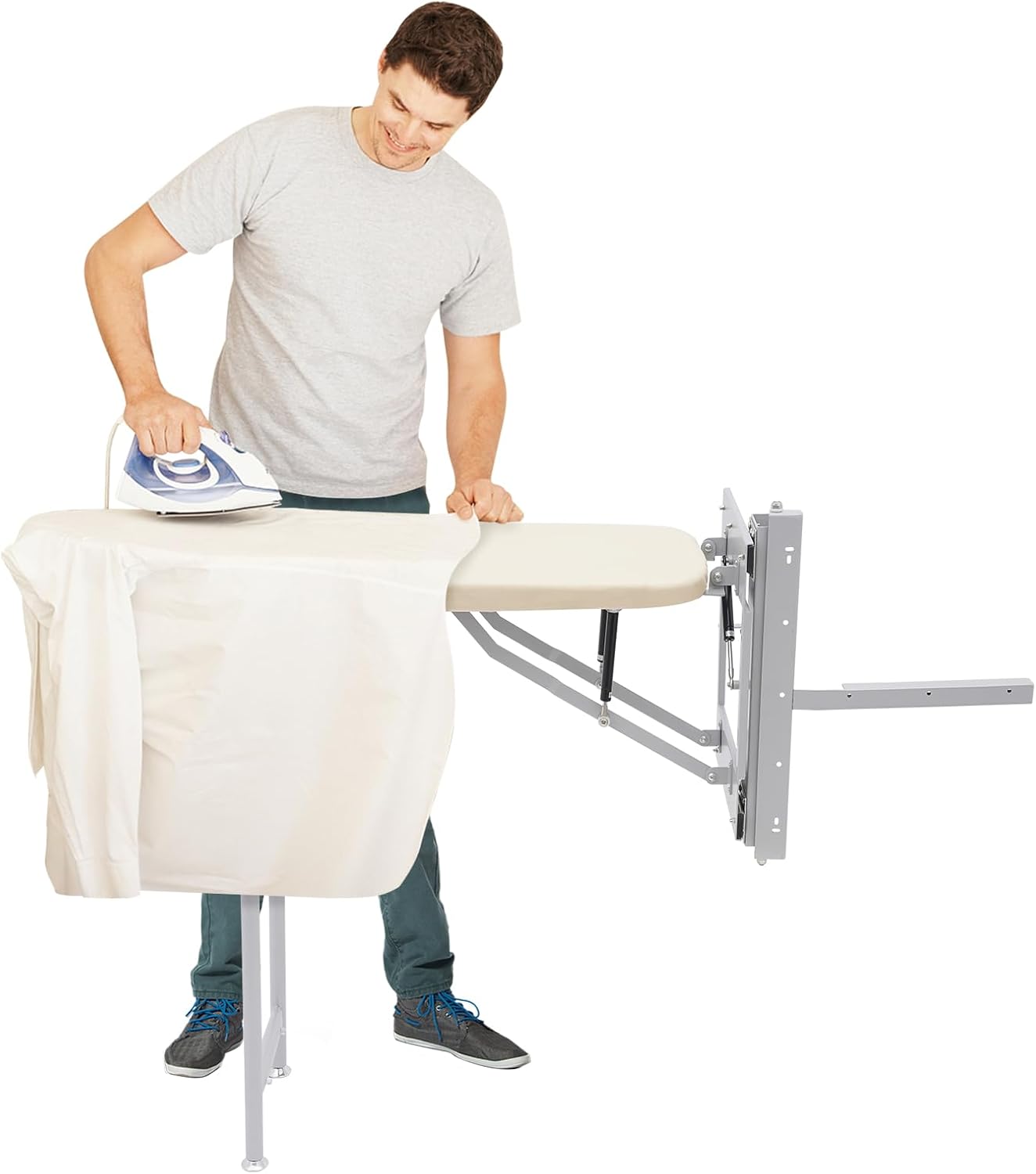 Pull-Out Ironing Board for Cabinet, Hideaway Foldable Ironing Board with Beige Cover, Slide-Out Wall-Mounted Ironing Station, Space-Saving Iron Board for Wardrobe or Drawer Installation