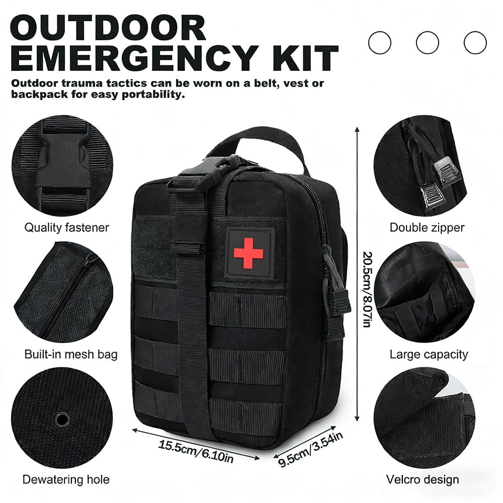 Kit Pronto Soccorso Militare Completo, 61 Pezzi First Aid Kit per Esterni, Trauma First Aid Kit per Auto, Casa, Viaggi, Campeggio All'Aperto, Escursionismo (Nero)
