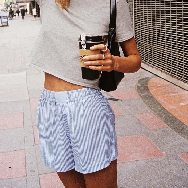Women Striped Boxer Shorts Cute Lounge Shorts Y2k Low Rise Elastic Waist Casual Pajama Sleep Shorts4