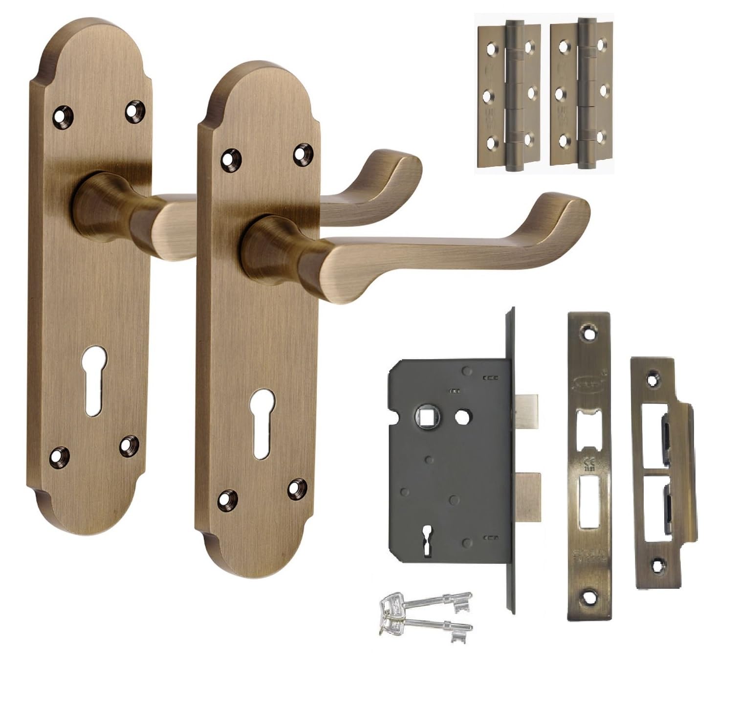 Golden Grace Antique Brass Victorian Epsom Design Scroll Lock Door Handle 3 Lever Lock Finish 168Mm Long And Hinges