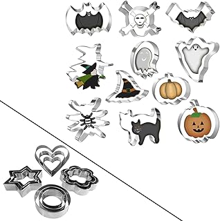 23PCS Cookie Cutters Set - 11Pcs Halloween Cookie Cutters Set & 12Pcs Round Heart Flower Star Cookie Cutters Set (11PCS+12...