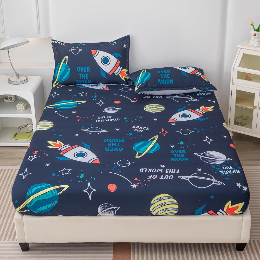 Sábanas espaciales tamaño individual para niños, juego de ropa de cama de 4 piezas con planetas cohetes 3D con 1 sábana bajera, 1 sábana encimera, 2 fundas de almohada, tema del espacio 3