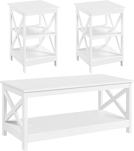 Yaheetech Juego de mesa de madera de 3 piezas, mesa auxiliar X-Design con estante y 2 mesas auxiliares de 3 niveles, armario de almacenamiento para