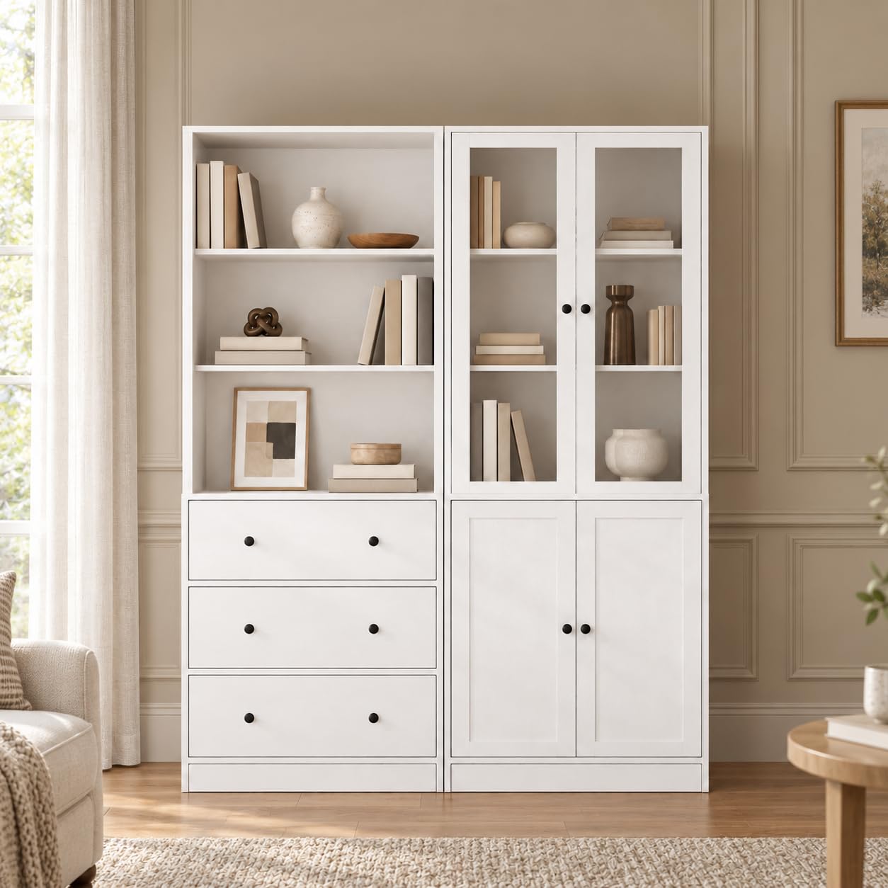 TUSY 71 inch modular bookshelf with glass doors and three drawers