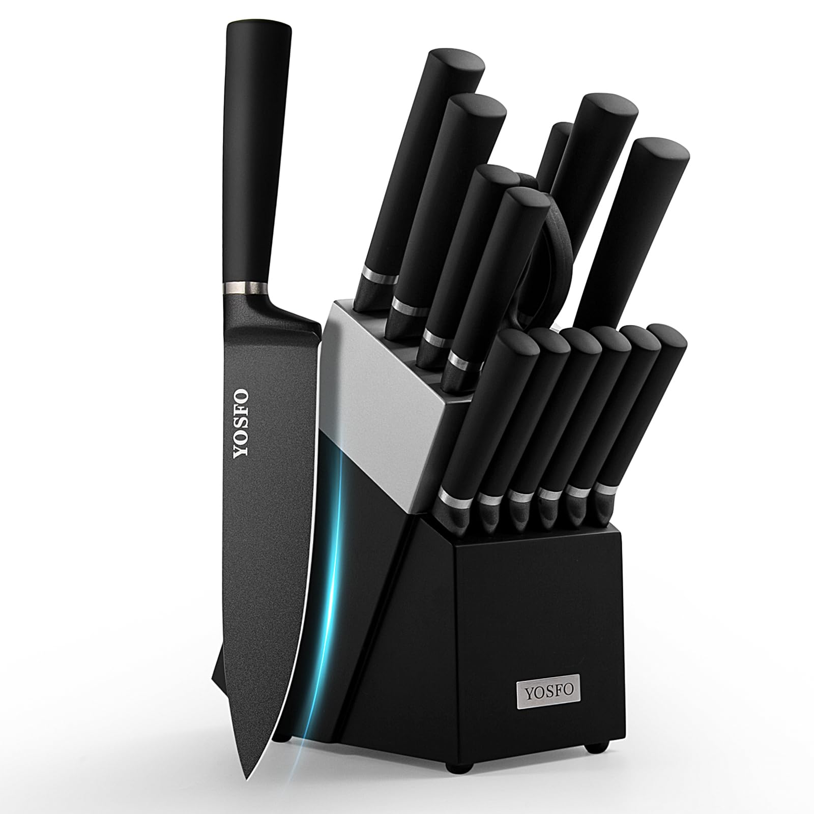 Knife Set with Block and Sharpener 15 Pcs Kitchen Knife Sets with Block High Carbon Stainless Steel Japanese
