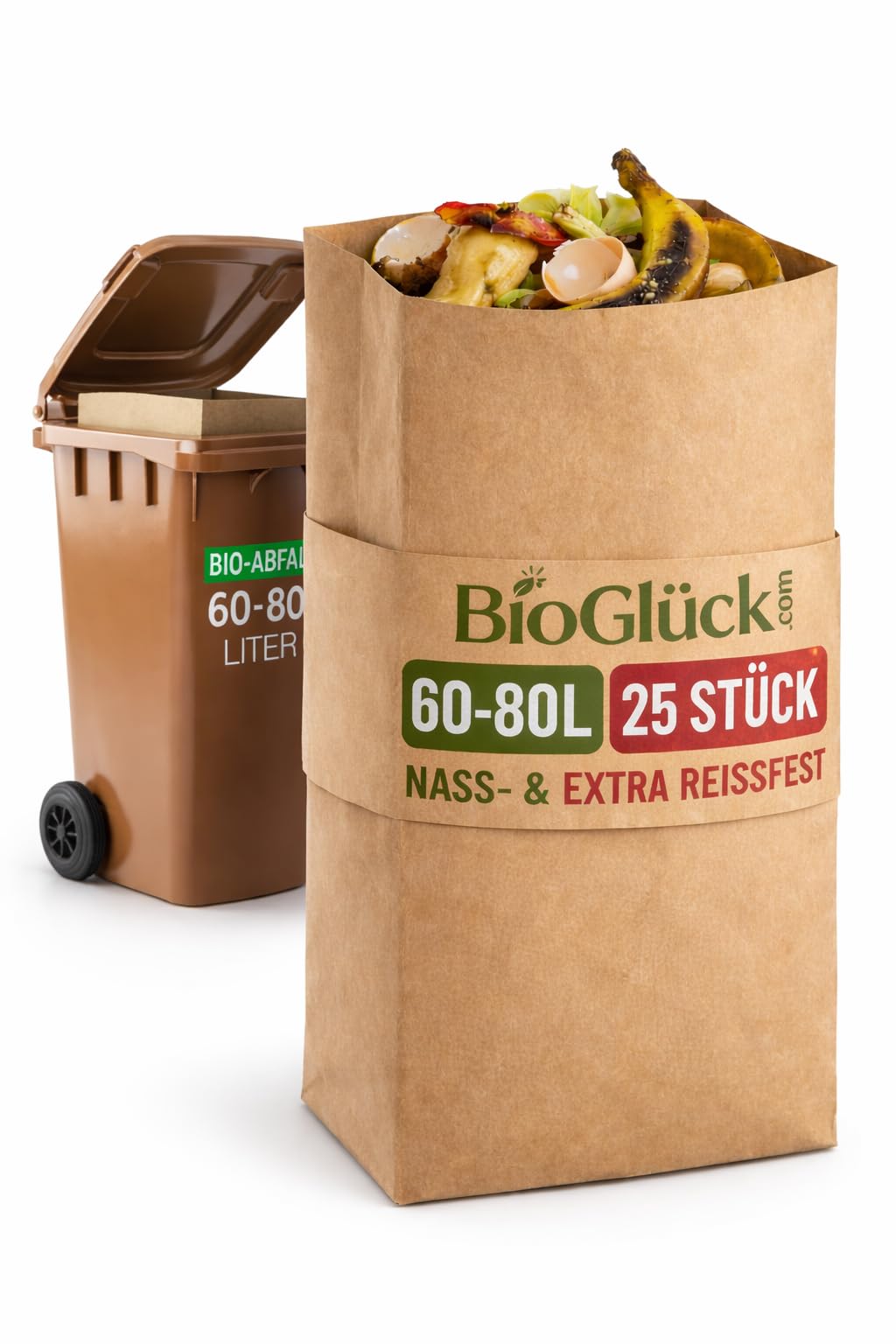 BIOGLÜCK® Biomüllsäcke 60L & 80L [25 Stück] | Flexibel anpassbar für 60 und 80 Liter Biotonnen | Extra reißfest & nassfest