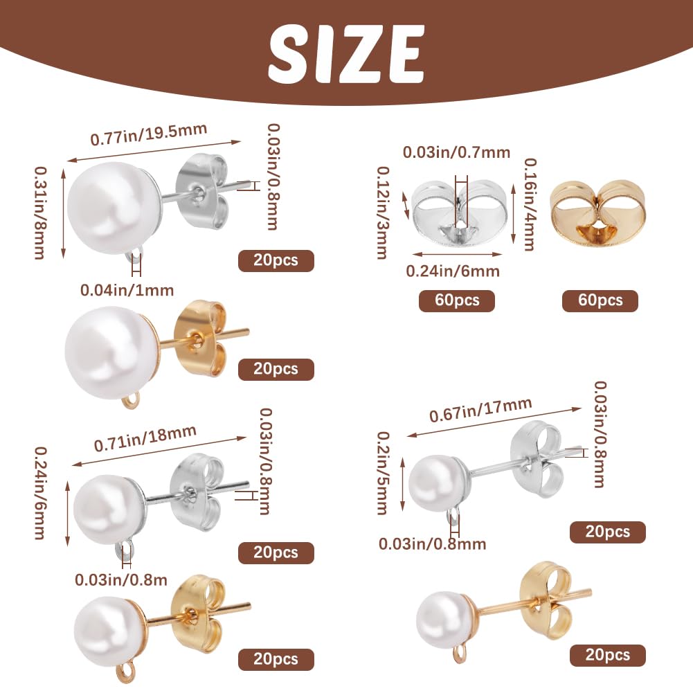 SOFPLATE 1 Box 120Pcs Pearl Earring Posts Hypoallergenic Pearl Earring Posts Stainless Steel with Imitation Beads and Loop Butterfly Back Silver Ear Studs for Jewelry Making Supplies DIY Crafts