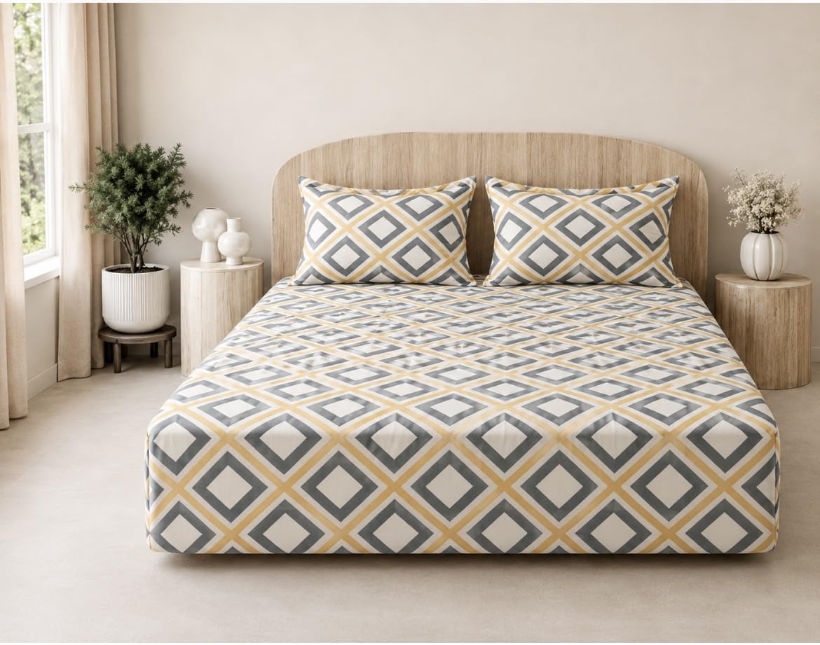 AMAZING HOME DECORATE AHD Super King Size Fitted Bedsheet 84x78 with Elastic | Cotton Blend Bed Sheet with Pillow Covers | 12 Inch Deep Pocket, Wrinkle Free, Soft Printed Bedsheet (Cube)
