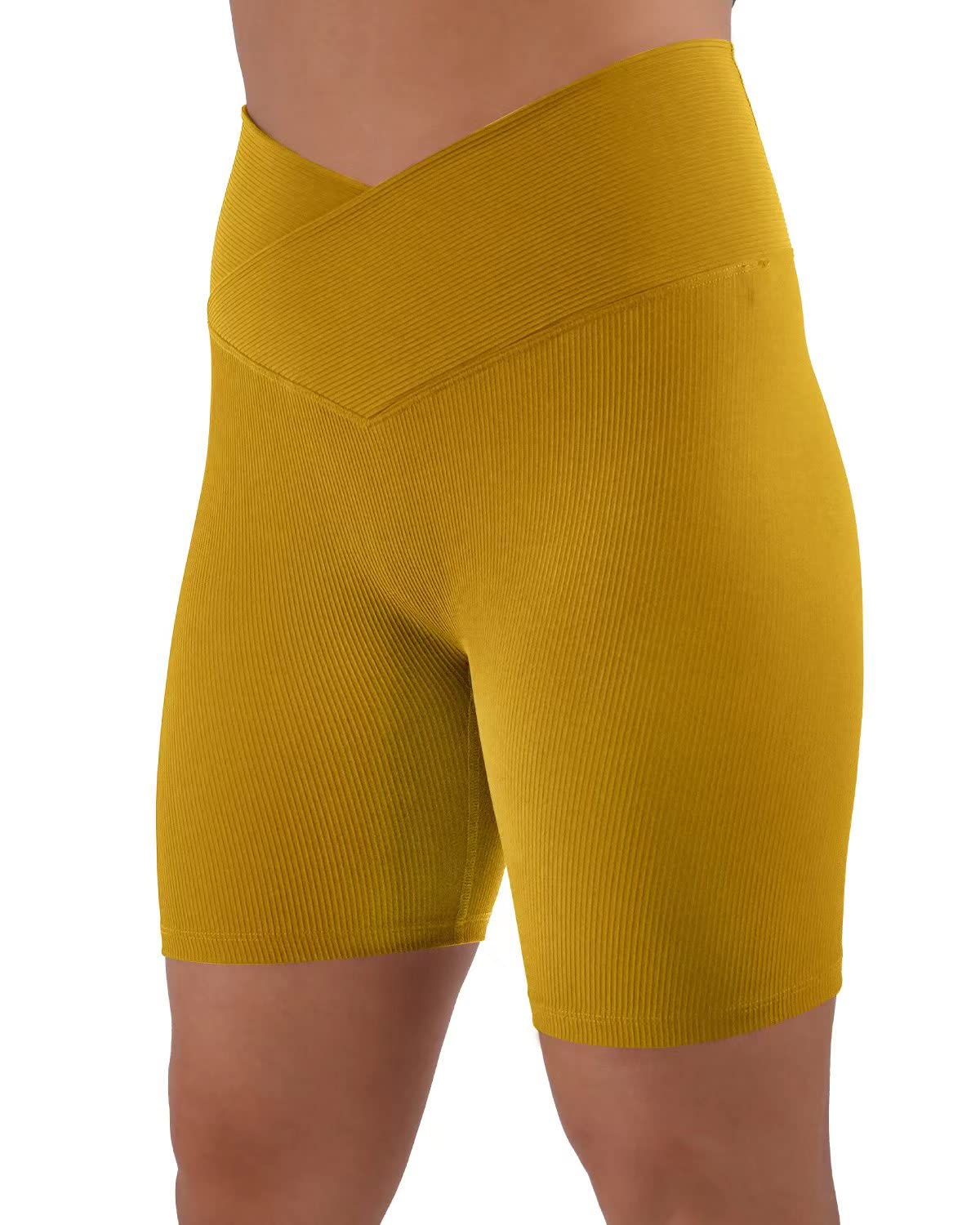 Womens 5" Crossover Workout Shorts High Waisted Ribbed Butt Lift Biker