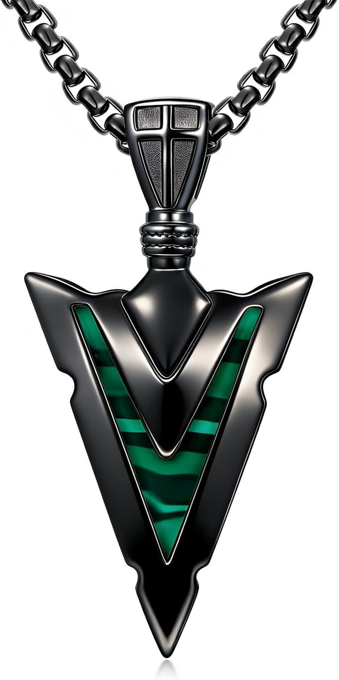 Viking Arrowhead Necklace for Men Women 925 Sterling Silver Turquoise/Malachite/Wood Arrowhead Pendant Fathers Mothers Day Birthday Gifts for Mom Dad Husband Brother (with Gift Box)