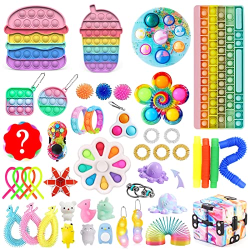 (45 Pcs) Fidget Popitsfidgets Toys Packs Fidget Toy Set, Keyboard Pop in It Tube Dimple Pack Mini Poppet Figit Package Figetget Spinners, Infinity Fidget Cube Stress Relief Balls Sensory Toys (E)