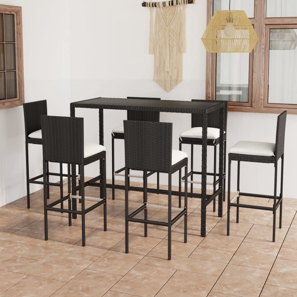 Juego de Muebles de Jardín 7 Piezas con Cojines Ratán PE Negro Conjunto de Bar de Terraza Resistente al Agua Mesa de Patio 130x60x110 cm Estructura de Acero Taburete de Bar