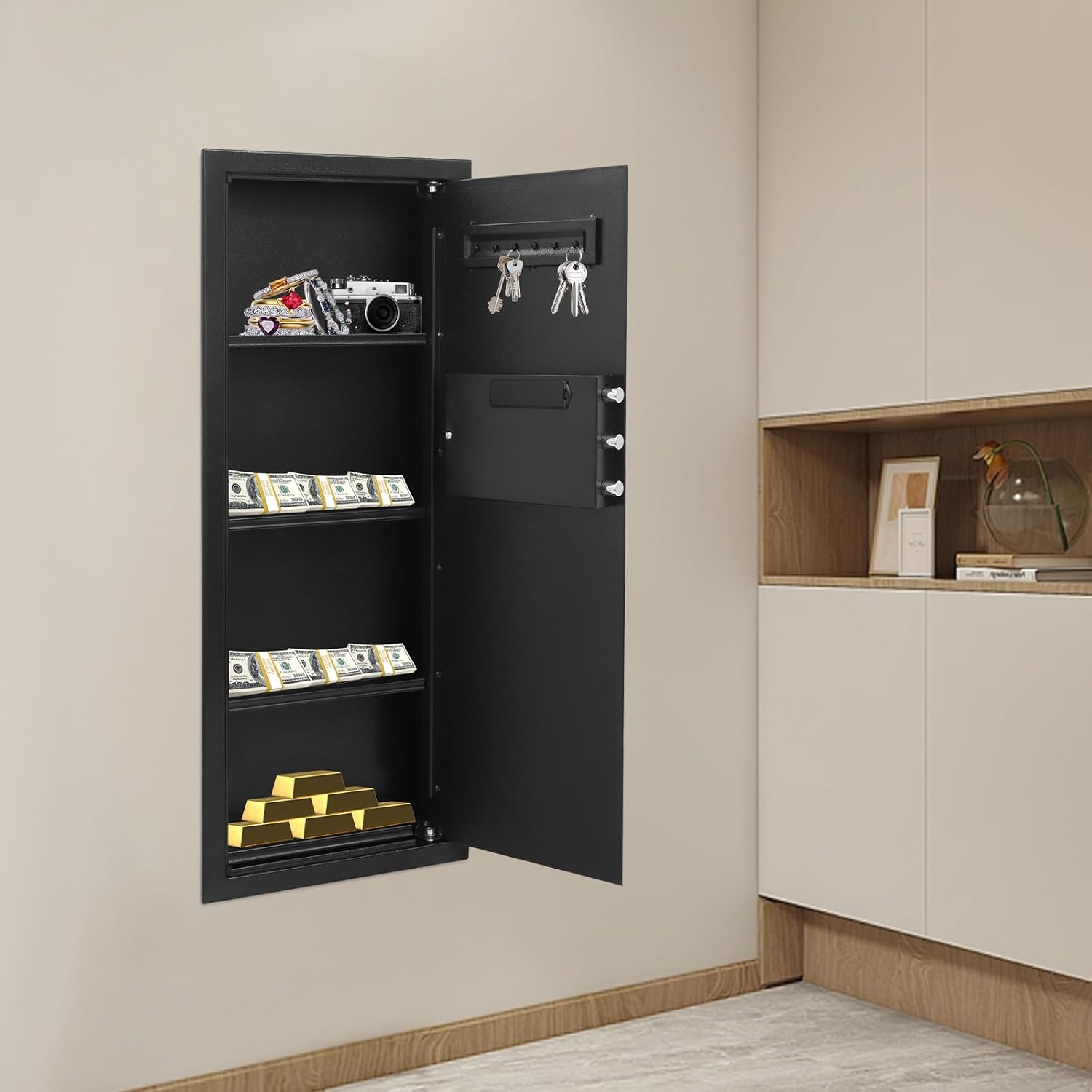 39.4" Hidden Wall Safe with Removable Shelf, Heavy Duty Flush In Wall Safe with Hidden Bottom Compartment&2 Keys, Security Home Cabinet Safes for Documents Jewelry Valuables
