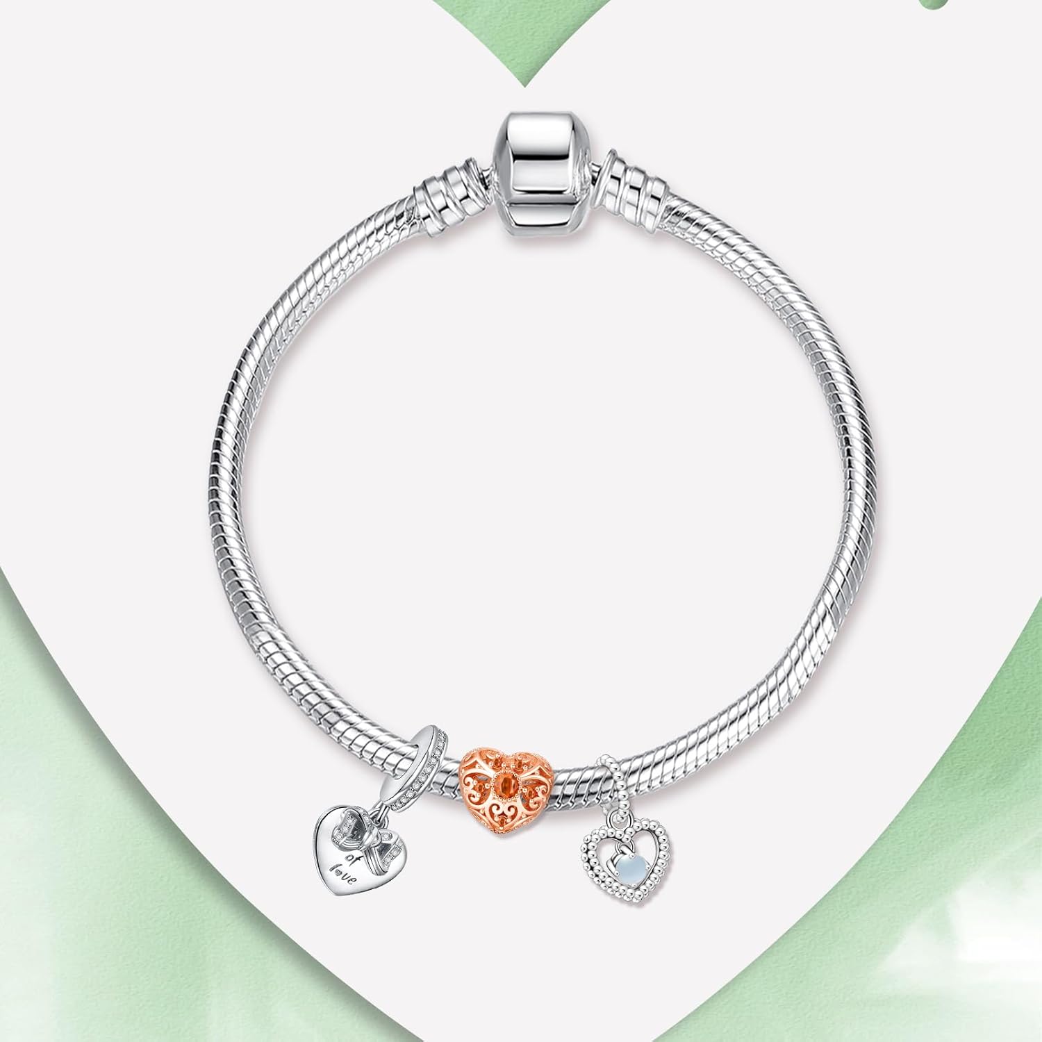 925 Sterling Silver Heart Bead Pendant Charms Set Rose Gold Charms For Women Bracelet Necklace Valentine's Birthday Day Gift for Wife 3-Piece/Package - Image 4