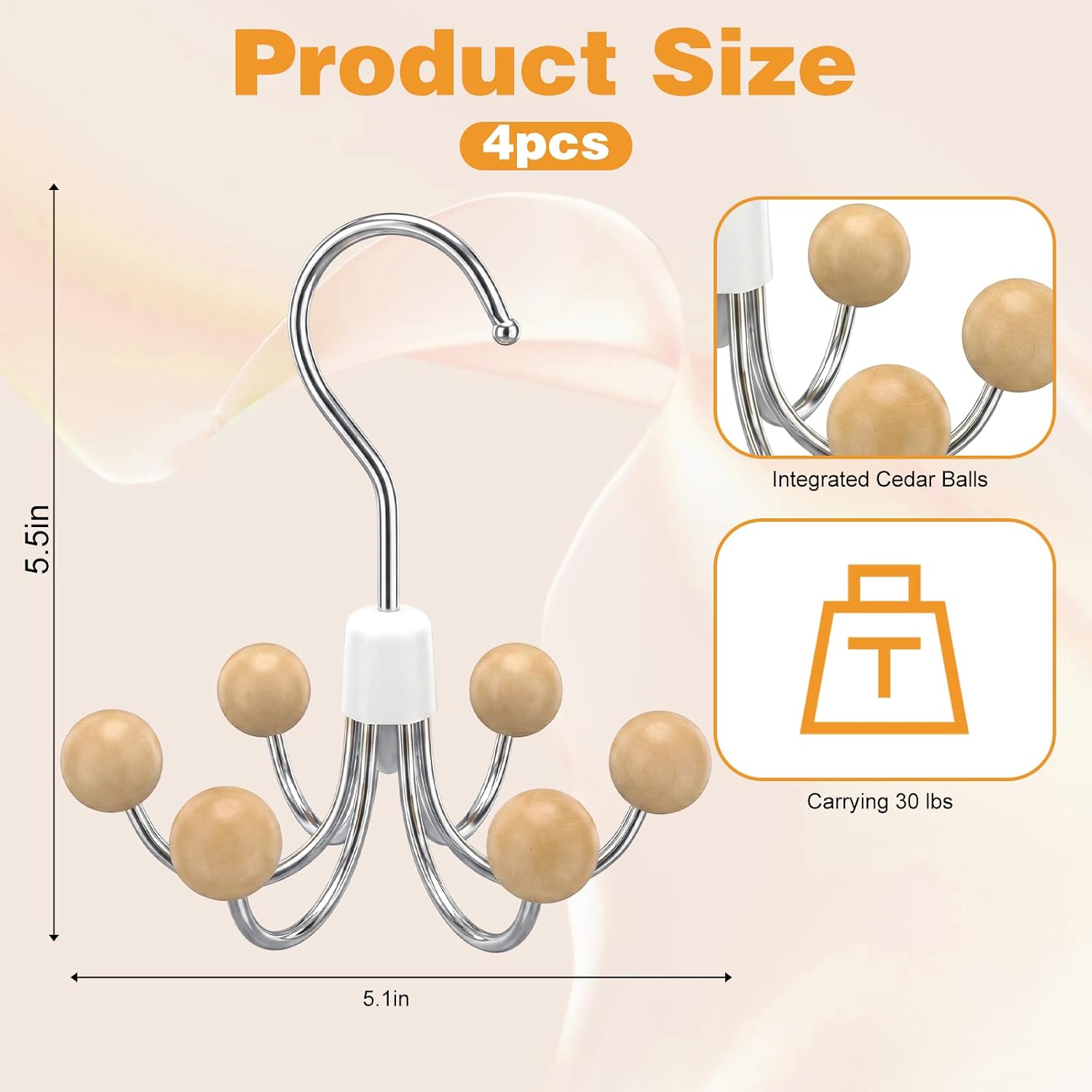 4-Pack 360° Swivel Hoodie Hanger with 6 Natural Wood Balls, Multi-Hook Closet Organizer for Sweatshirts, Purses, Hats, Bras & Accessories Storage