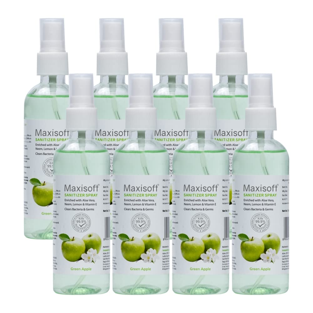 Maxisoft Hand Sanitizer Spray (120 ml) | With Aloe Vera, Lemon, Neem, Vitamin E & Glycerine | Paraben Free | Gentle on skin, tough on germs (Green Apple, (Pack of 8 X 120 ml)) (B0B9Y2VPG4) Amazon Price History, Amazon Price Tracker