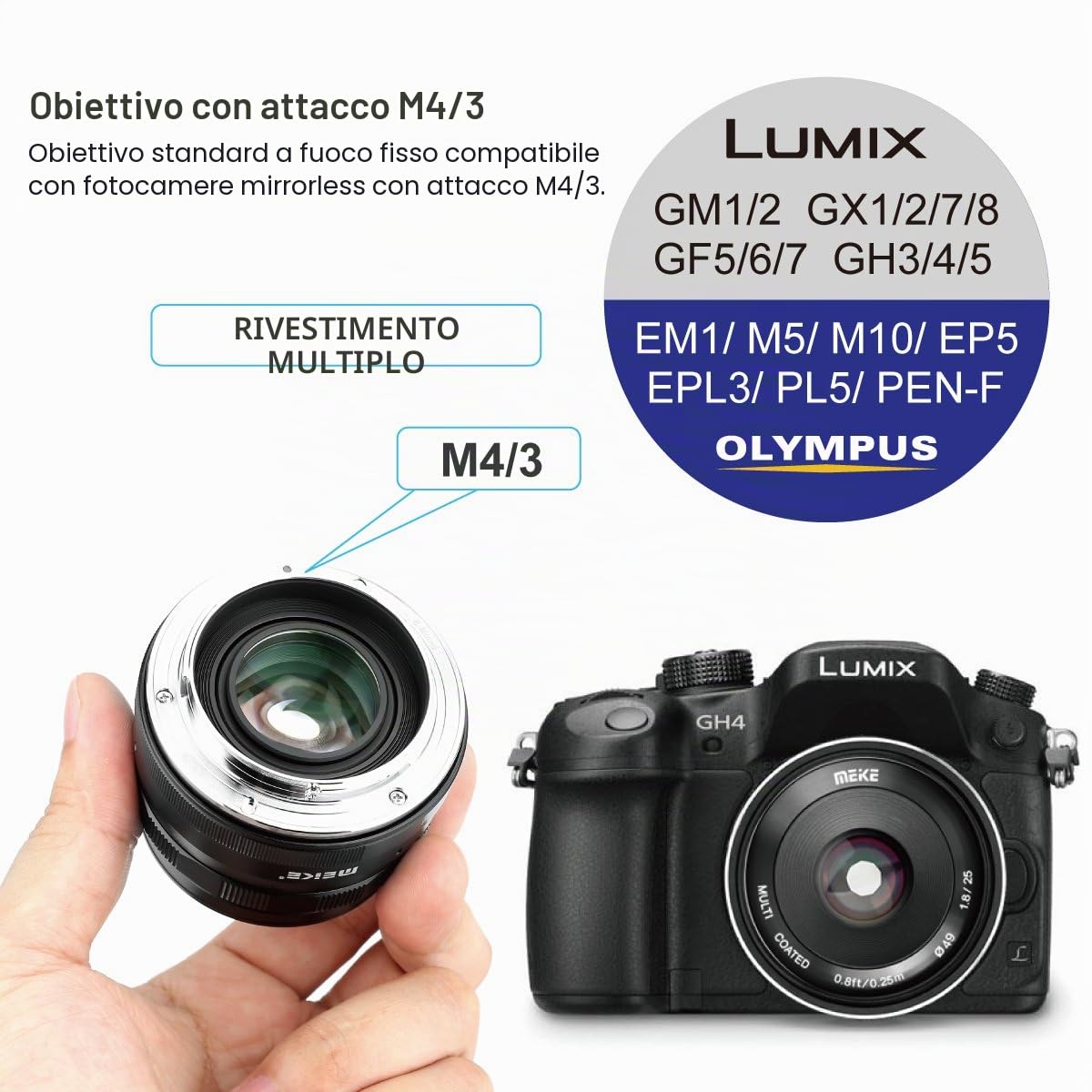 Meike 25mm F1.8 obiettivo grandangolare a grande apertura con messa a fuoco manuale Compatibile con le fotocamere mirrorless Panasonic Lumix Olypums M43 GH3 GH4 GH5 GH6