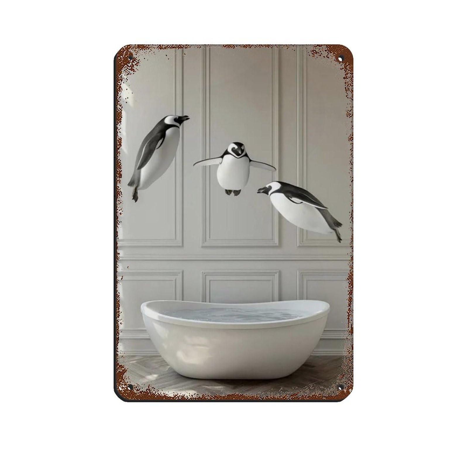 Penguins Jumping Into Bathtub, Bathroom Art Tin Sign Vintage Metal Pub Club Cafe Bar Home Wall Art Decoration Poster Retro 8x12inch(20x30cm)