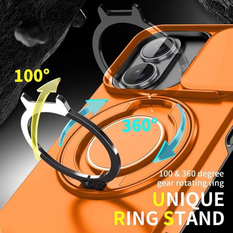 Image of LuxuryKase Shockproof Rugged Case for iPhone 16 | Slide Camera Cover | 360 Rotating Ring Kickstand | Military-Grade Protection - Sunset Orange