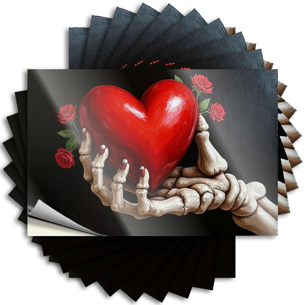 Fzfn Boys Colour Decals - Tall Cover A Skeletal Hand Holds A Red Heart With Roses. For Comfort Custom(6X9cm)