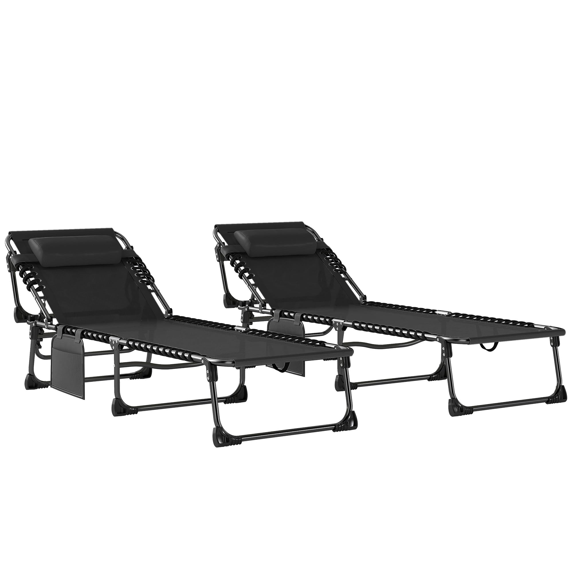 Outsunny Lettini Prendisole da Giardino Pieghevoli 57x200x38cm Nero | Set di 2, Reclinabili 5 Livelli con Poggiatesta, Sdraio da Giardino in Texteline, Tasca Laterale, Maniglia