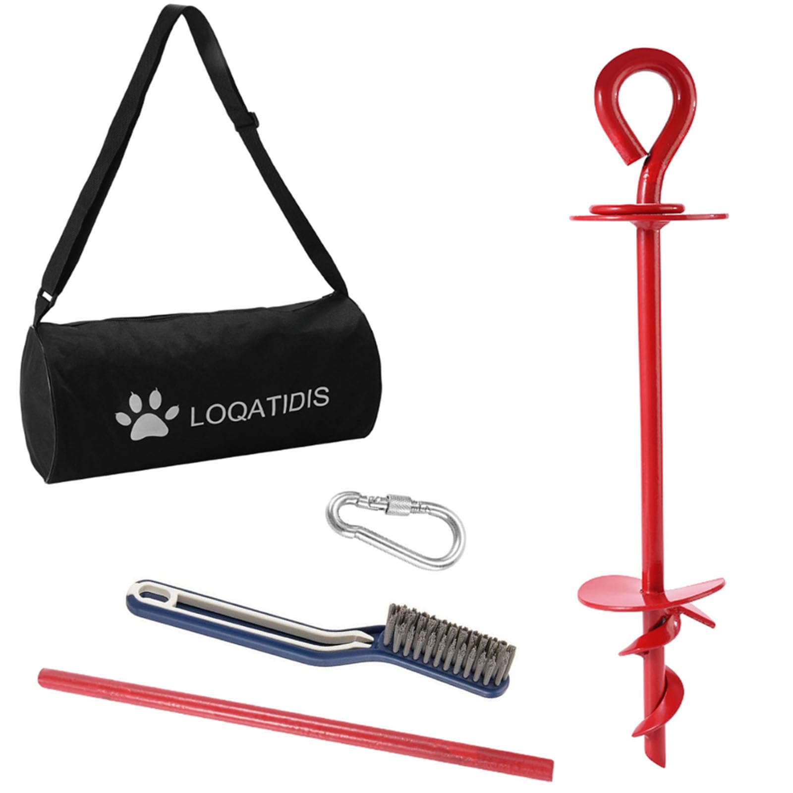 Cane Tie Out accessori cavo per giardino all'aperto Yard Camping -5in1 15,4'' picchetto + spazzola + borsa Ancoraggio a spirale a terra per cani, gancio per guinzaglio, guinzaglio, ecc