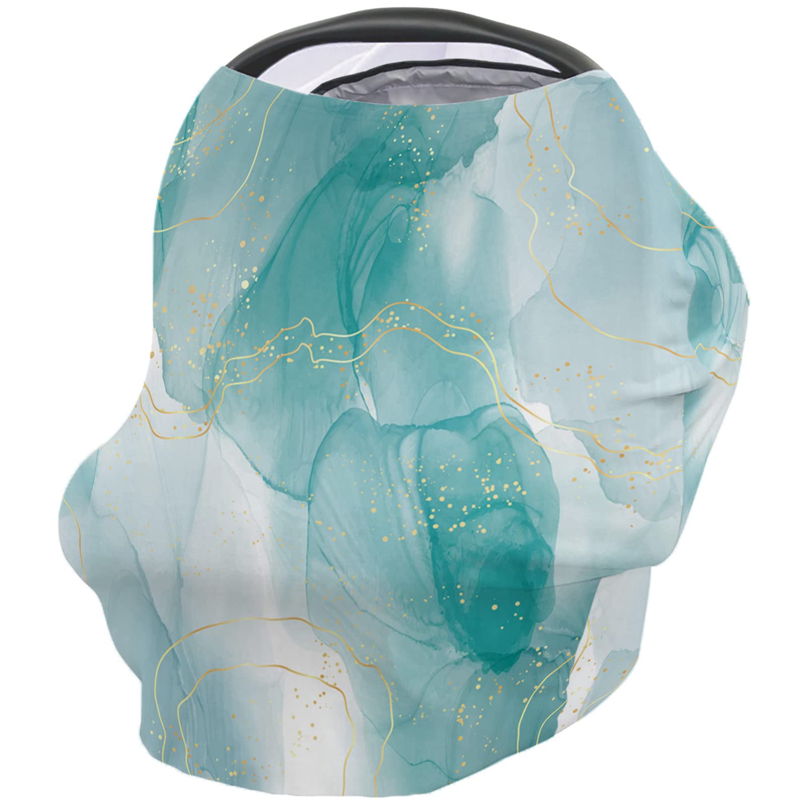 Nursing Cover for Breastfeeding Scarf, Teal Green Marble Texture Gold Line Overlap Gradient Baby Car Covers Super Soft Multi Use for Canopy Shopping Cart Cover Blanket Stroller Cover