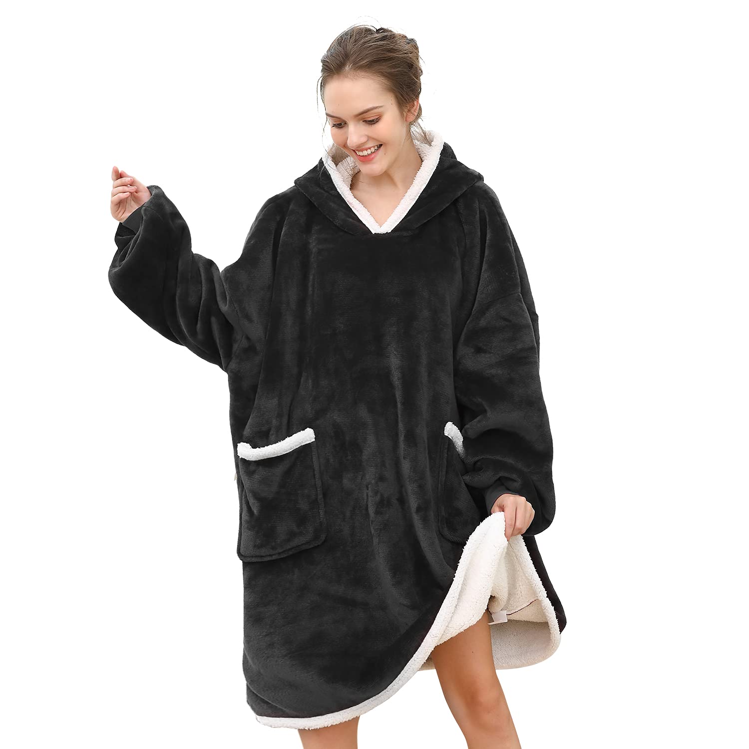 Lushforest Übergroße Kapuze, Kapuzenpullover-Decke, super weich, warm, bequem, Sweatshirt-Decke für Damen und Herren, Einheitsgröße - Schwarz Einheitsgröße Große Größen Tall