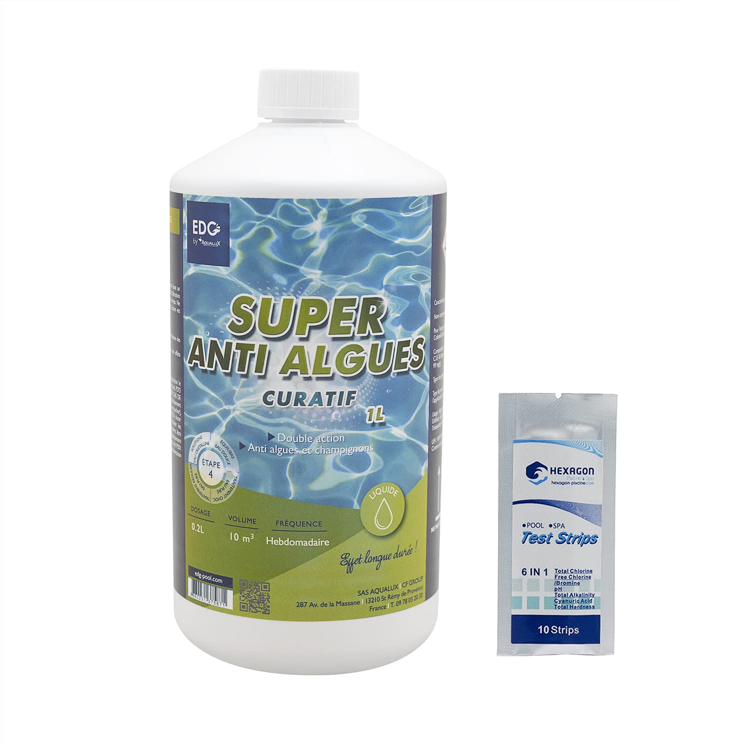EDG by AQUALUX Super Anti-ALGUES CURATIF Liquide - 1L | Anti Algues Curatif - Action Choc + 10 Tests HPS OFFERTS 6 en 1