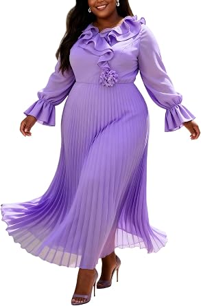 AOMEI Womens Plus Size Chiffon Formal Maxi Dress Ruffled Long Sleeve Flowy A-Line Wedding Guest Dress