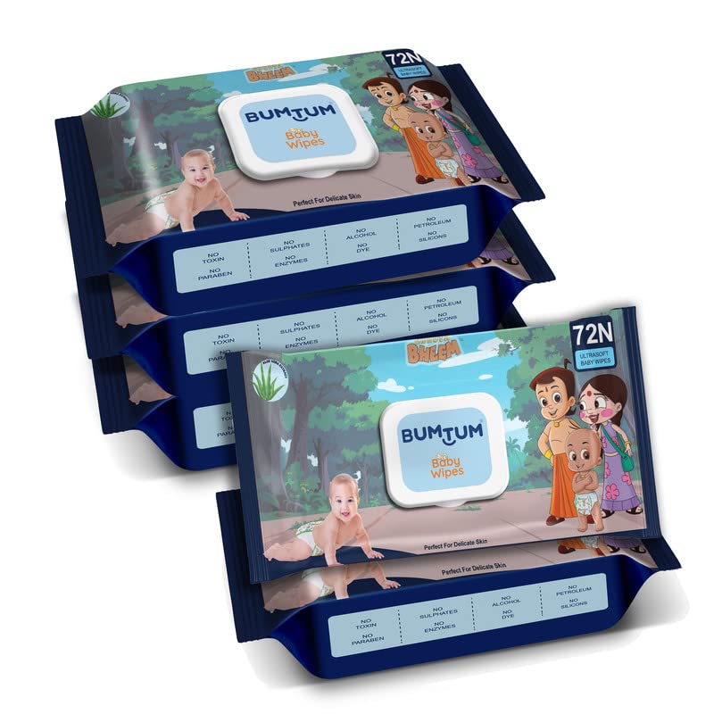 Image of Bumtum Baby Chota Bheem Gentle Soft Moisturizing Wet Wipes with Lid | Aloe Vera & Chamomile Extracts | Paraben & Sulphate Free (Pack of 5, 72 Pcs. Per Pack)