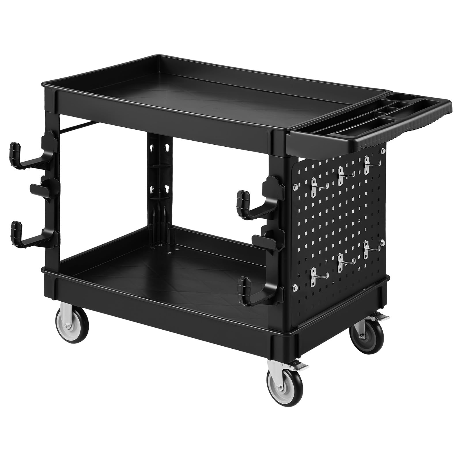 VEVOR Carrello di Servizio Portata 250 kg 2 Ripiani Ruote Girevoli a 360°, Carrello Officina, Ruote Fisse con Freno, Struttura in Plastica Resistente con Vassoio e Pannello Forato, per Garage, Nero