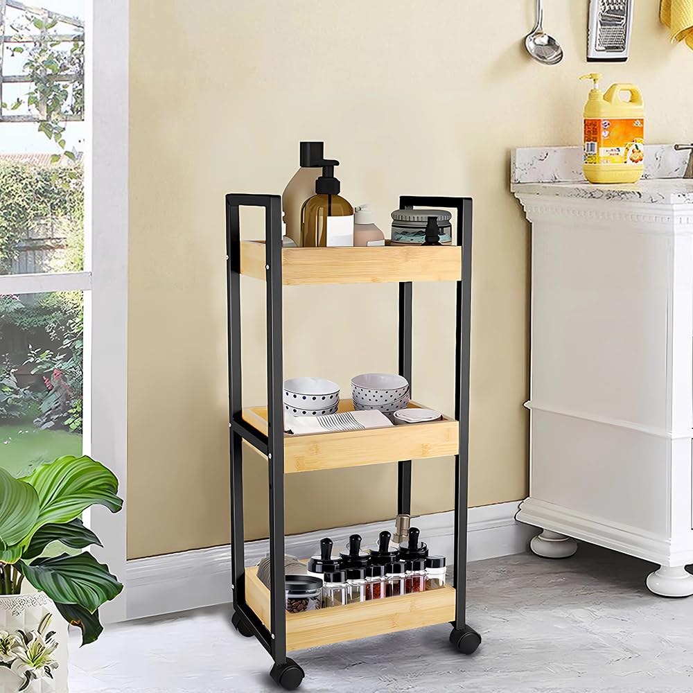 HUOLE Estantería Delgada de Baño, Carrito de Almacenamiento de 3 Niveles sobre Ruedas, Estantería de Bambú y Madera de Baño Estantería de Pie 3 Cestas dim. 30L x 20l x 80H cm-Negro