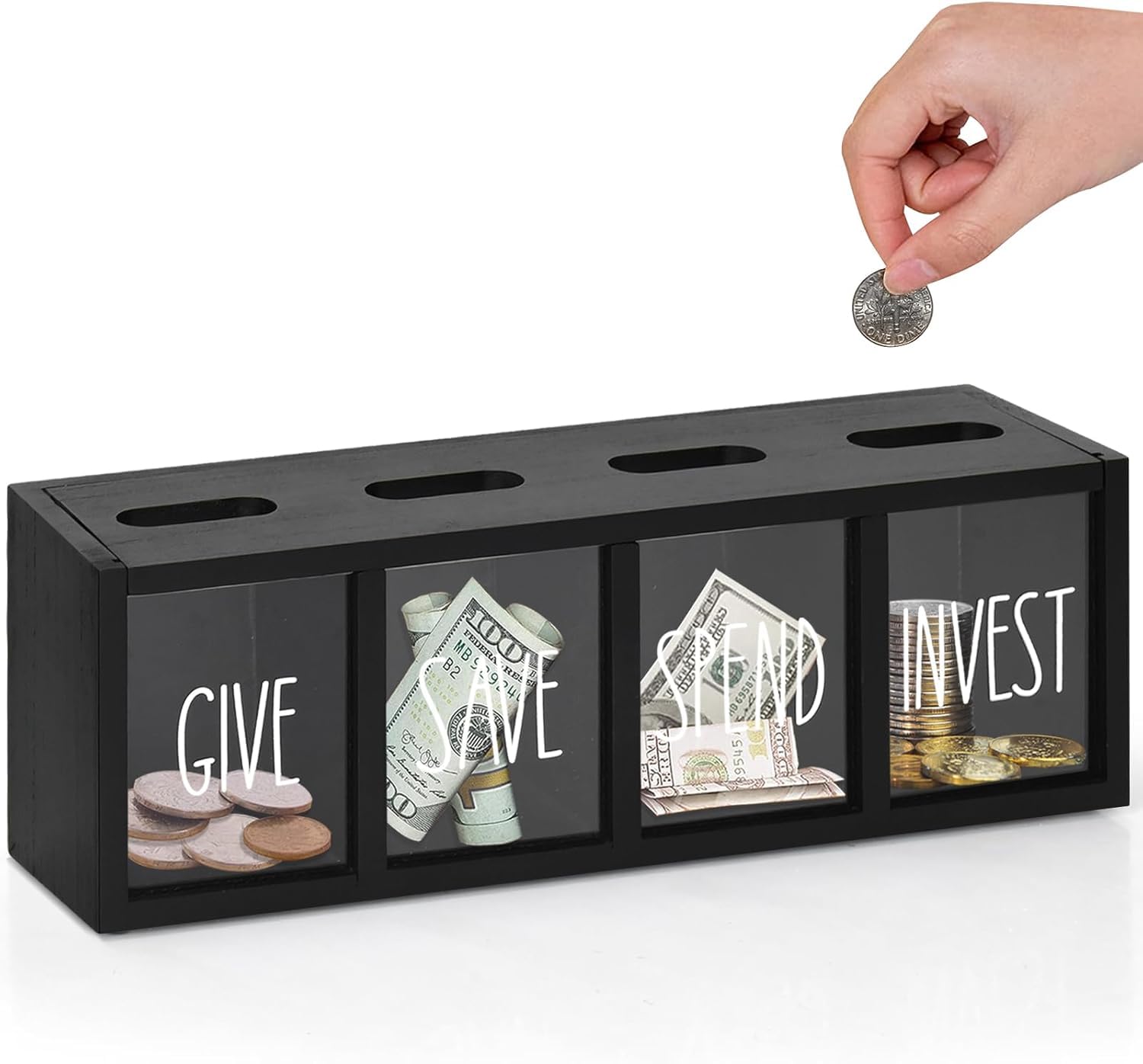 Money Boxes for Kids Wooden Give Save Spend Invest Money Saving Box Visualized Piggy Banks Set for Daily Cash Bill and Penny Teaches Kids Financial Literacy Ages 3-7 Countertop Wall Mounted(Black)