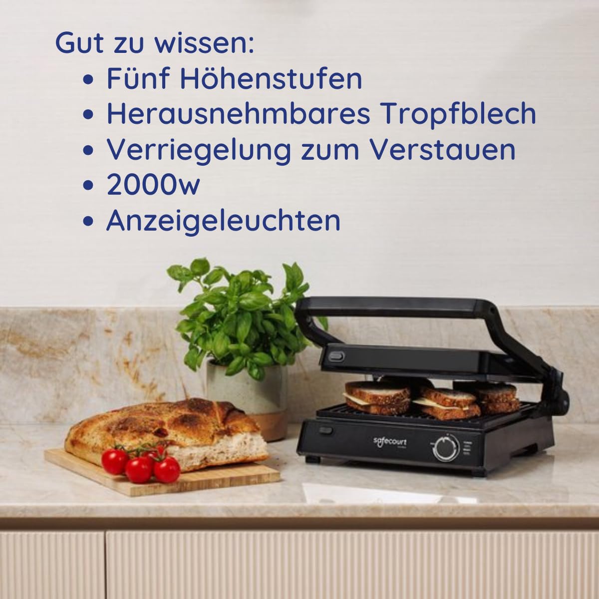 Safecourt Sandwichmaker 3 in 1 Kontaktgrill abnehmbare Platten - Sandwichtoaster [XXL Grillfläche & BPA-frei] - Sandwich- & Paninitoaster schnelle Zubereitung, spülmaschinenfest - Panini Grill schwarz