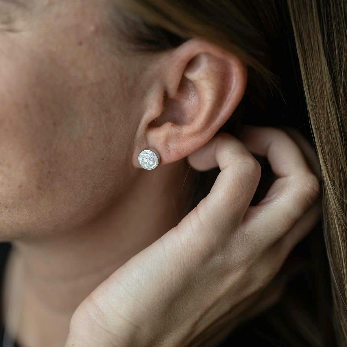 Druzy SO-74 - Pendientes de cuarzo para mujer, con piedras preciosas, redondas, plata 925, 9 mm, Plata de ley, ópalo, cuarzo
