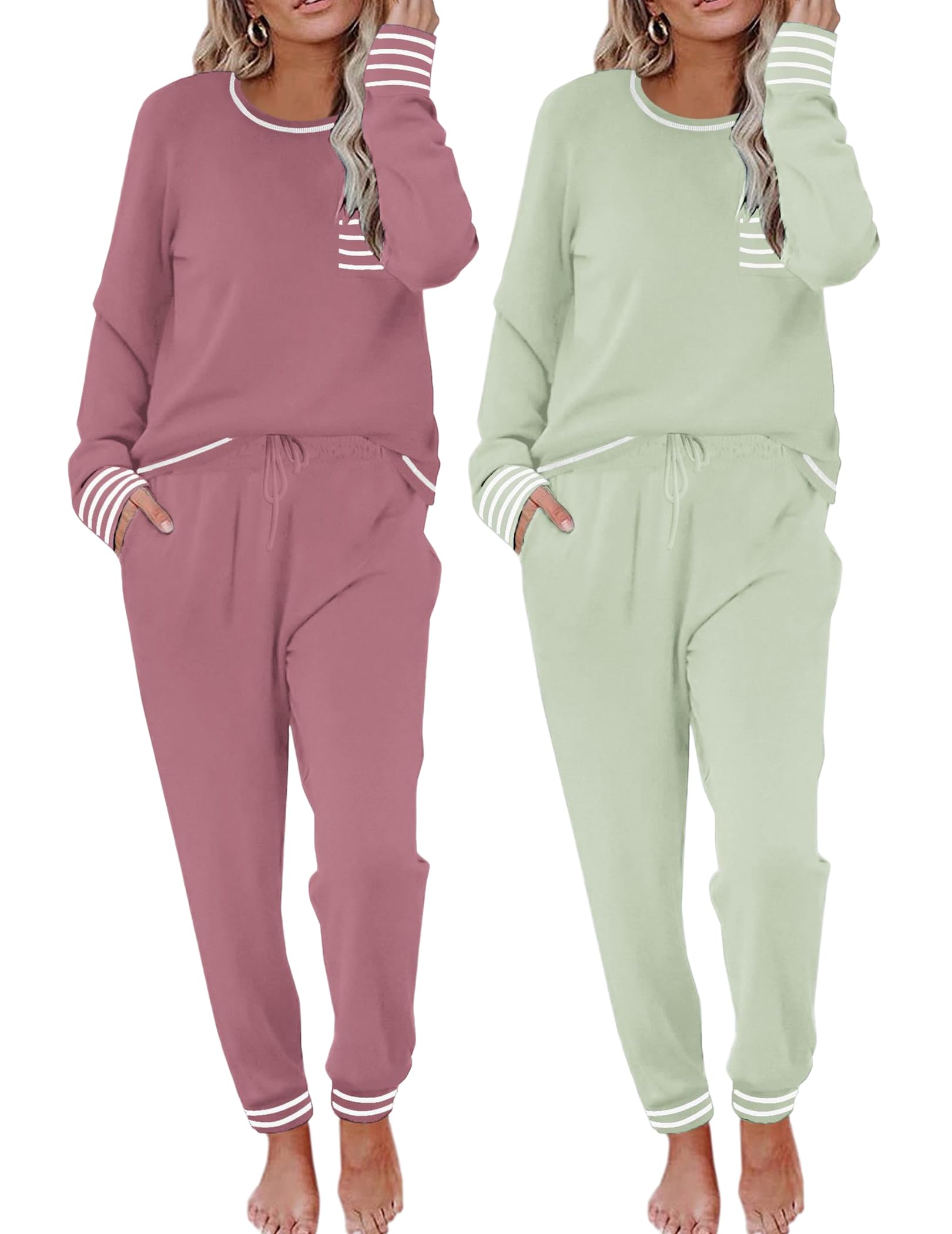 Ekouaer 2 Pack Womens Pajama Sets Long Sleeve Lounge Sets Soft Pj Loungewear Sleepwear