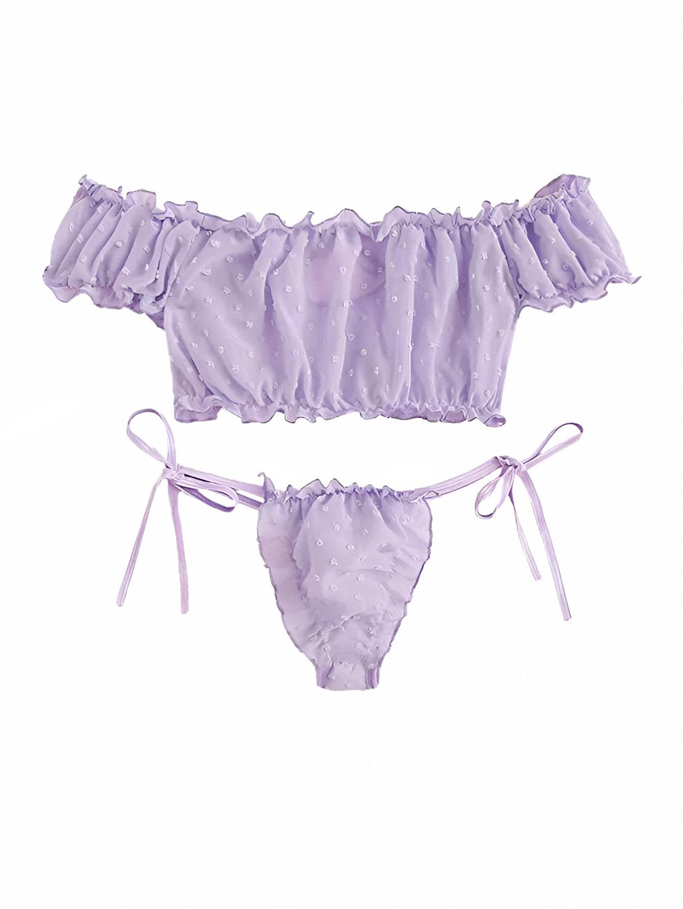 Lilosy Sexy Stretch Ruffle Tie Sheer Mesh Lingerie Set Outfits: Large Chiffon Lavender Purple