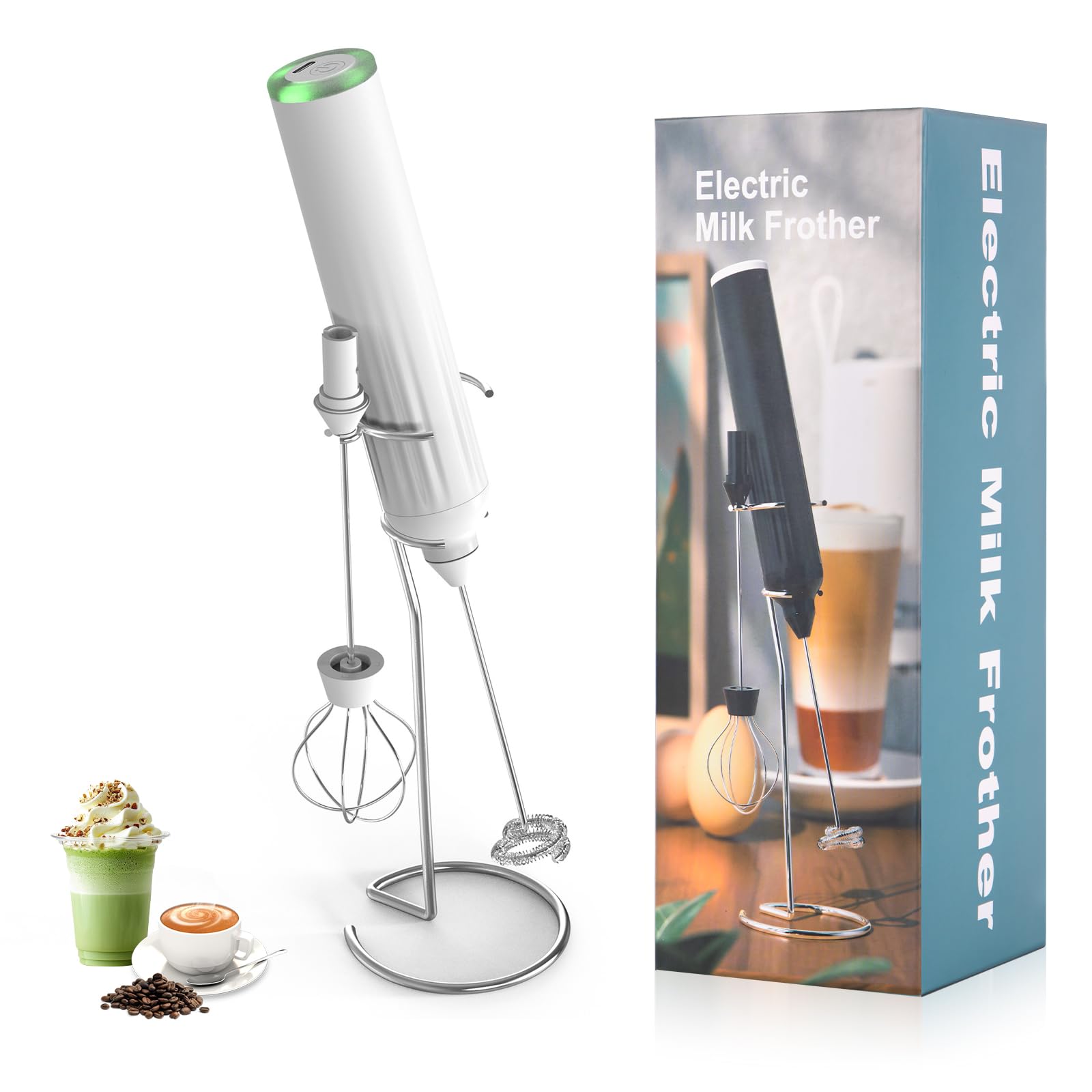 Lychico Rechargeable Milk Frother Handheld Foam Maker with Stainless Whisk and Stand, Powerful 2 Heads 3 Speeds Fast Handheld Drink Mixer for for Latte, Cappuccino, Hot Chocolate, Egg, White