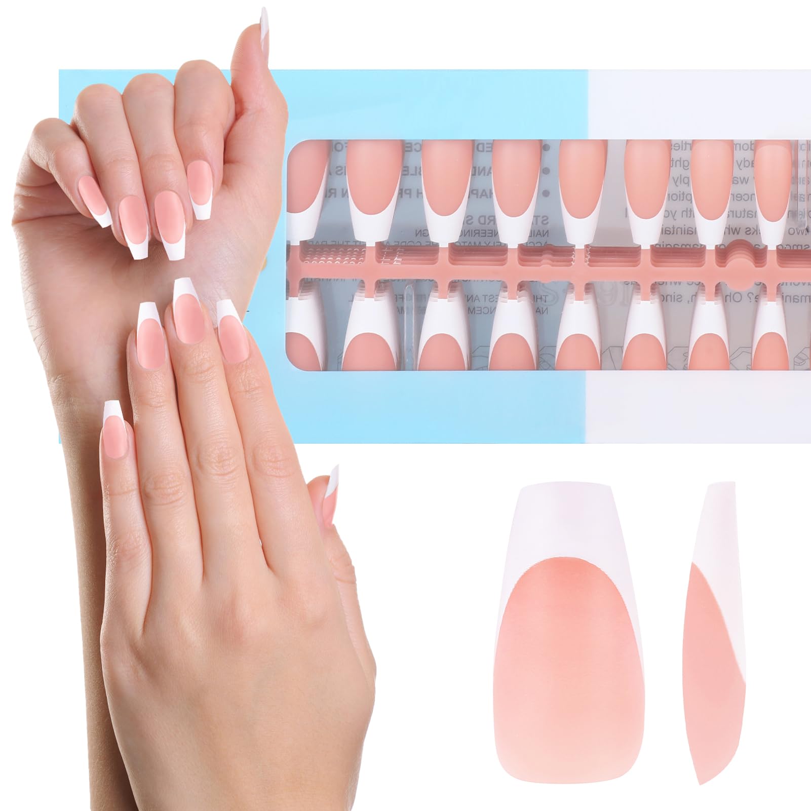 JSRQT 240Pcs French Gel False Nails, Long Coffin Full Cover Artificial French Tip Fake Nails