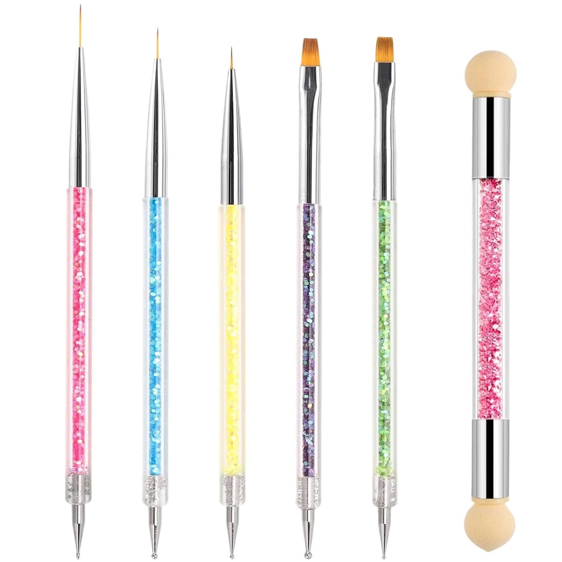 5 Piezas Pincel para Arte de Uñas Nail Art Brush con 1 Cepillo de Esponja, Doble Punta Pinceles Set, Pintura Dibujo Línea Herramienta para Desenho Fino das Uñas, UV Decoración de DIY Nail Art Designs
