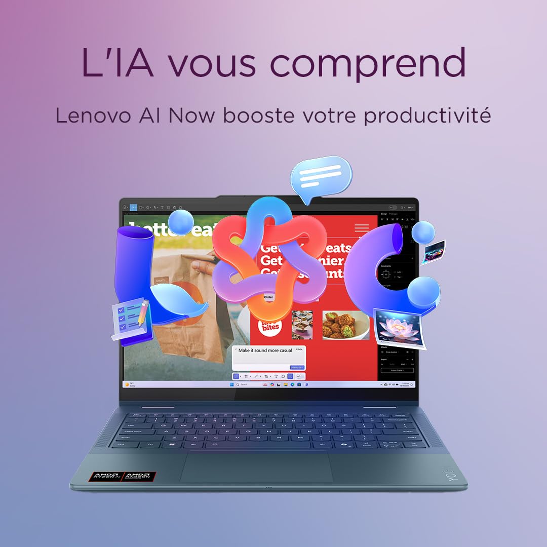 Lenovo Yoga 7 2-in-1 14AKP10 - Ordinateur Portable 2-en-1 14'' OLED Tactile Copilot+(AMD Ryzen AI 7 350, RAM 16Go, SSD 512Go, AMD Radeon 860M, Windows 11 Home) Clavier rétroéclairé AZERTY - Tidal Teal