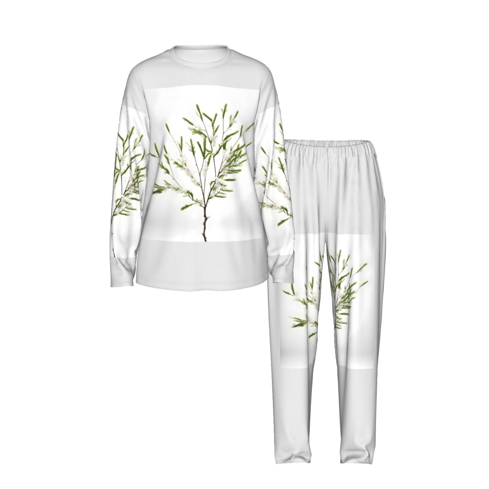 Bianco Pianta Naturale Verde Ramoscello (1) Stampa Donne Manica Lunga Pigiama Corrispondente Morbido Spiaggia Vacanze Nightwear Regalo Casual