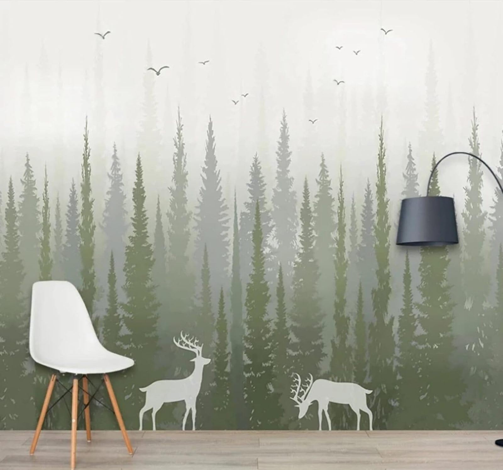 Hand Drawn Forest Birds Reindeer Landscape 3D Wallpaper Easy Install Feature Office Living Room Sofa Bedroom TV Background Wall Decoration-400cm×280cm