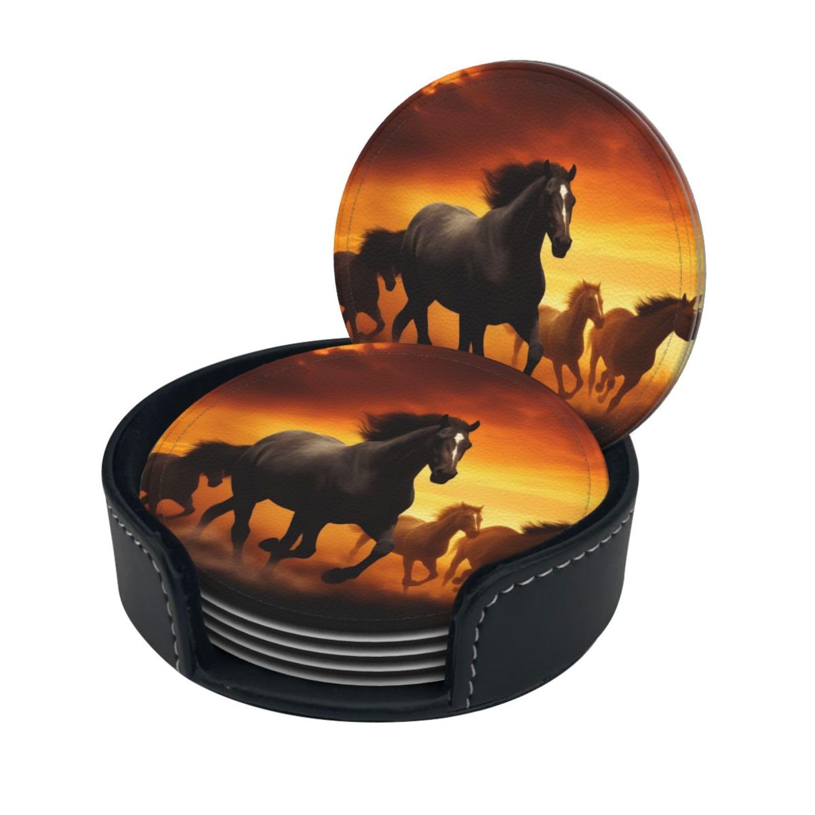Stylish Coasters - Running Black Horses Set of 6 Round Leather Drink Coasters with Holder - Perfect Size for Cups and Glasses